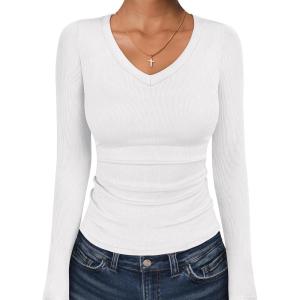 imageANRABESS Long Sleeve Shirts for Women V Neck Ribbed Knit Fitted Fall Basic Tshirts Going Out Tops 2026 Casual Trendy ClothesWhite