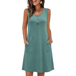 imageANRABESS Women Summer Dresses 2026 Casual Sleeveless Button Down Mini Sundress Beach Loose Tank Dress Coverup with PocketsGray Green
