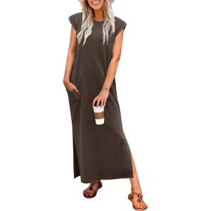 imageANRABESS Women Summer Maxi Dress 2026 Casual Loose Cap Sleeve Crewneck Split Beach Vacation Long Sundress with PocketsDark Coffee