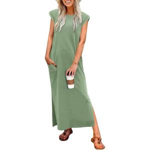 imageANRABESS Women Summer Maxi Dress 2026 Casual Loose Cap Sleeve Crewneck Split Beach Vacation Long Sundress with PocketsGreen