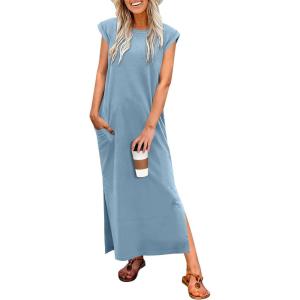 imageANRABESS Women Summer Maxi Dress 2026 Casual Loose Cap Sleeve Crewneck Split Beach Vacation Long Sundress with PocketsGrey Blue