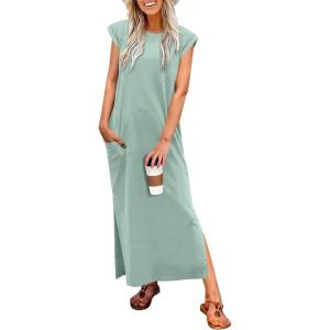 imageANRABESS Women Summer Maxi Dress 2026 Casual Loose Cap Sleeve Crewneck Split Beach Vacation Long Sundress with PocketsLight Green