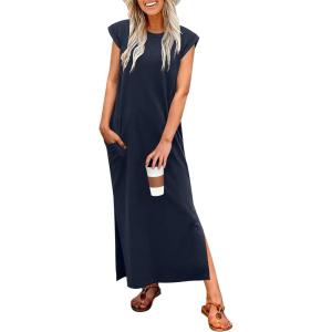 imageANRABESS Women Summer Maxi Dress 2026 Casual Loose Cap Sleeve Crewneck Split Beach Vacation Long Sundress with PocketsNavy Blue