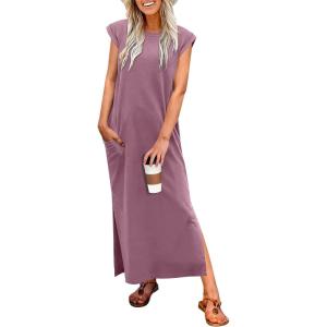imageANRABESS Women Summer Maxi Dress 2026 Casual Loose Cap Sleeve Crewneck Split Beach Vacation Long Sundress with PocketsPurple