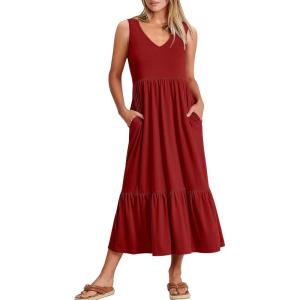 imageANRABESS Women Summer Maxi Dresses Aline Tiered Flowy V Neck Sleeveless Swing 2026 Casual Beach Travel Sundress with PocketsBurgundy