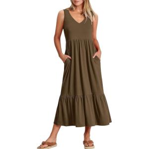 imageANRABESS Women Summer Maxi Dresses Aline Tiered Flowy V Neck Sleeveless Swing 2026 Casual Beach Travel Sundress with PocketsCoffee