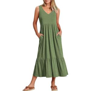 imageANRABESS Women Summer Maxi Dresses Aline Tiered Flowy V Neck Sleeveless Swing 2026 Casual Beach Travel Sundress with PocketsGreen