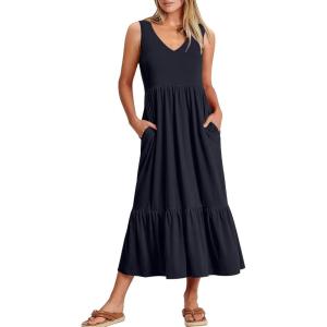 imageANRABESS Women Summer Maxi Dresses Aline Tiered Flowy V Neck Sleeveless Swing 2026 Casual Beach Travel Sundress with PocketsNavy Blue