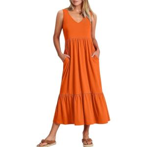 imageANRABESS Women Summer Maxi Dresses Aline Tiered Flowy V Neck Sleeveless Swing 2026 Casual Beach Travel Sundress with PocketsOrange