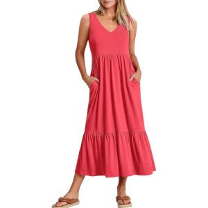 imageANRABESS Women Summer Maxi Dresses Aline Tiered Flowy V Neck Sleeveless Swing 2026 Casual Beach Travel Sundress with PocketsPeach