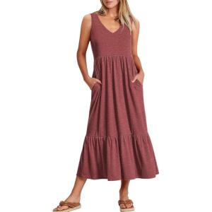 imageANRABESS Women Summer Maxi Dresses Aline Tiered Flowy V Neck Sleeveless Swing 2026 Casual Beach Travel Sundress with PocketsRed