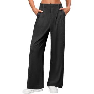 imageANRABESS Women Wide Leg Pants Stretchy Work Dress Pants Waffle Knit Business Casual Pull on Palazzo Slacks Trousers OutfitsBlack