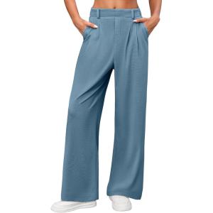imageANRABESS Women Wide Leg Pants Stretchy Work Dress Pants Waffle Knit Business Casual Pull on Palazzo Slacks Trousers OutfitsLight Blue