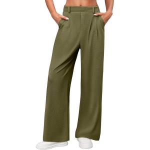 imageANRABESS Women Wide Leg Pants Stretchy Work Dress Pants Waffle Knit Business Casual Pull on Palazzo Slacks Trousers OutfitsOlive Green