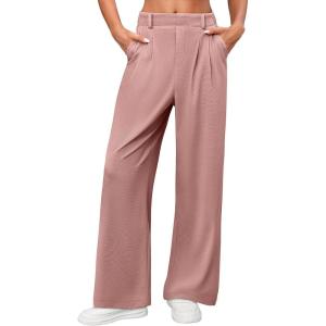 imageANRABESS Women Wide Leg Pants Stretchy Work Dress Pants Waffle Knit Business Casual Pull on Palazzo Slacks Trousers OutfitsPink