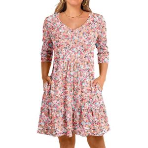 imageANRABESS Womens 34 Sleeve Mini Dresses Summer Casual V Neck Flowy Tiered Floral Boho Aline 2026 Beach Vacation Short DressFloral Pink