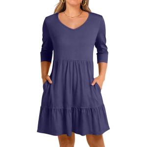 imageANRABESS Womens 34 Sleeve Mini Dresses Summer Casual V Neck Flowy Tiered Floral Boho Aline 2026 Beach Vacation Short DressNavy Blue