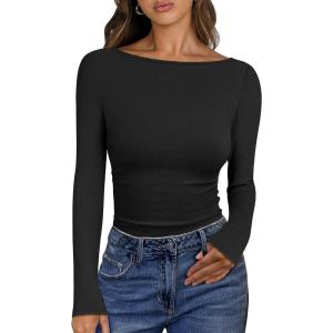 imageANRABESS Womens Boat Neck Long Sleeve Shirts Rib Knit Slim Fitting Tops Basic Tees 2026 Casual Comfy Fall Outfits ClothesBlack
