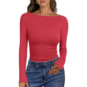 imageANRABESS Womens Boat Neck Long Sleeve Shirts Rib Knit Slim Fitting Tops Basic Tees 2026 Casual Comfy Fall Outfits ClothesBright Red