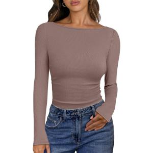 imageANRABESS Womens Boat Neck Long Sleeve Shirts Rib Knit Slim Fitting Tops Basic Tees 2026 Casual Comfy Fall Outfits ClothesBrown