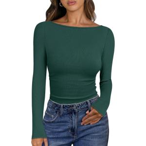 imageANRABESS Womens Boat Neck Long Sleeve Shirts Rib Knit Slim Fitting Tops Basic Tees 2026 Casual Comfy Fall Outfits ClothesForest Green