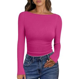 imageANRABESS Womens Boat Neck Long Sleeve Shirts Rib Knit Slim Fitting Tops Basic Tees 2026 Casual Comfy Fall Outfits ClothesHot Pink