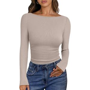 imageANRABESS Womens Boat Neck Long Sleeve Shirts Rib Knit Slim Fitting Tops Basic Tees 2026 Casual Comfy Fall Outfits ClothesKhaki