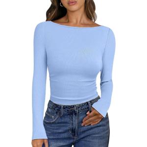 imageANRABESS Womens Boat Neck Long Sleeve Shirts Rib Knit Slim Fitting Tops Basic Tees 2026 Casual Comfy Fall Outfits ClothesSky Blue