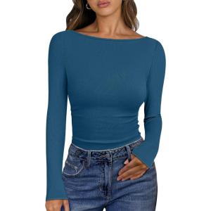 imageANRABESS Womens Boat Neck Long Sleeve Shirts Rib Knit Slim Fitting Tops Basic Tees 2026 Casual Comfy Fall Outfits ClothesTeal