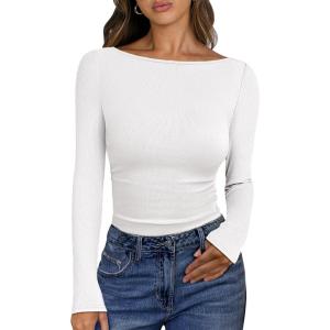 imageANRABESS Womens Boat Neck Long Sleeve Shirts Rib Knit Slim Fitting Tops Basic Tees 2026 Casual Comfy Fall Outfits ClothesWhite