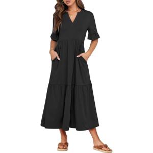 imageANRABESS Womens Casual Summer Ruffle Short Sleeve T Shirts Maxi Dress 2026 Fall V Neck Flowy Tiered Boho Beach DressesBlack