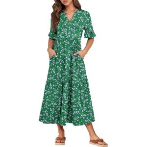 imageANRABESS Womens Casual Summer Ruffle Short Sleeve T Shirts Maxi Dress 2026 Fall V Neck Flowy Tiered Boho Beach DressesGreen Floral