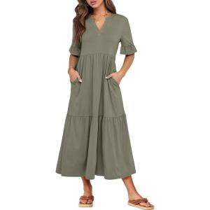 imageANRABESS Womens Casual Summer Ruffle Short Sleeve T Shirts Maxi Dress 2026 Fall V Neck Flowy Tiered Boho Beach DressesOlive