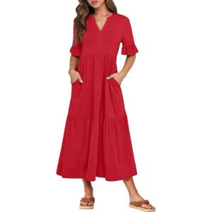 imageANRABESS Womens Casual Summer Ruffle Short Sleeve T Shirts Maxi Dress 2026 Fall V Neck Flowy Tiered Boho Beach DressesRed