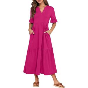 imageANRABESS Womens Casual Summer Ruffle Short Sleeve T Shirts Maxi Dress 2026 Fall V Neck Flowy Tiered Boho Beach DressesRose
