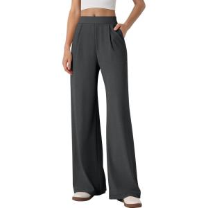 imageANRABESS Womens Pants Wide Leg Waffle Knit Casual Stretchy Slacks Work Dress Pant Business Palazzo Trousers Spring OutfitsDark Grey