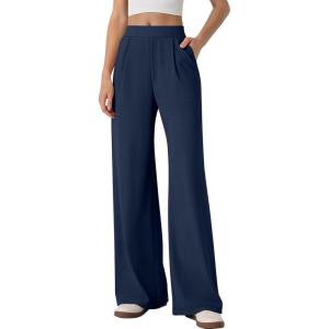 imageANRABESS Womens Pants Wide Leg Waffle Knit Casual Stretchy Slacks Work Dress Pant Business Palazzo Trousers Spring OutfitsNavy Blue
