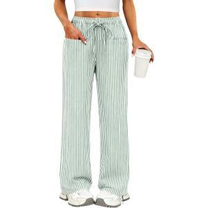 imageANRABESS Womens Striped Gingham Pants 2025 Pajama Drawstring Wide Leg Lounge Plaid Pants Cute Casual Trousers with PocketsGreen White Stripe