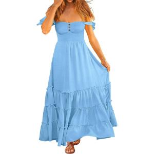 imageANRABESS Womens Summer Casual Off The Shoulder Maxi Long Dress 2026 Smocked Ruffle Strap Backless Flowy Tiered Beach SundressBright Blue