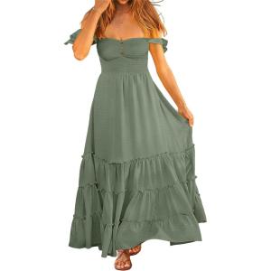 imageANRABESS Womens Summer Casual Off The Shoulder Maxi Long Dress 2026 Smocked Ruffle Strap Backless Flowy Tiered Beach SundressLight Green