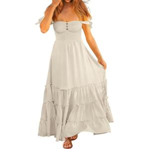 imageANRABESS Womens Summer Casual Off The Shoulder Maxi Long Dress 2026 Smocked Ruffle Strap Backless Flowy Tiered Beach SundressLight Yellow