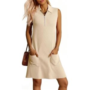 imageANRABESS Womens Summer Dresses Casual Sleeveless Ribbed Half Zip Polo Collar Tshirt Dress 2026 Spring Tunics Short SundressBeige