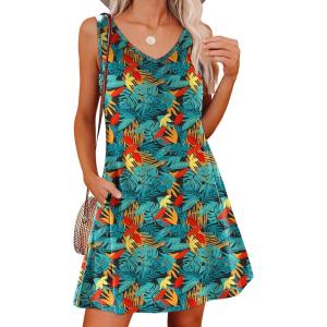imageANRABESS Womens Summer Dresses V Neck Sleeveless Sundresses Casual Swimsuit Cover up 2026 Trendy Beach Vacation ClothesOrange Red Blue Leaf