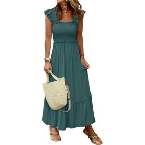 imageANRABESS Womens Summer Sleeveless Maxi Dress Square Neck Smocked Boho Casual Ruffle Strap Flowy ALine Long Beach SundressGreen