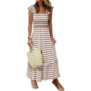 imageANRABESS Womens Summer Sleeveless Maxi Dress Square Neck Smocked Boho Casual Ruffle Strap Flowy ALine Long Beach SundressKhaki White Stripes