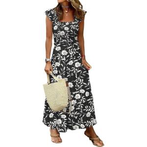 imageANRABESS Womens Summer Sleeveless Maxi Dress Square Neck Smocked Boho Casual Ruffle Strap Flowy ALine Long Beach SundressPrint Black Floral