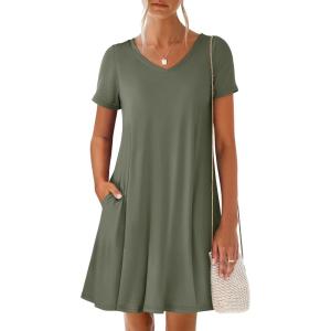 imageANRABESS Womens Summer T Shirt Dress Casual V Neck Short Sleeve Floral Boho Flowy Mini Dresses 2026 Beach Vacation ClothesArmy Green