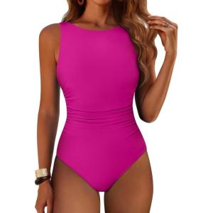 imageANRABESS Womens Swimsuits One Piece Tummy Control Full Coverage Bathing Suit Ruched Modest Swim Suit Beach Vacation SwimwearHot Pink
