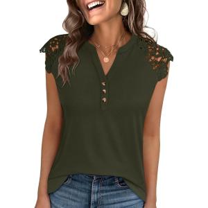 imageANRABESS Womens Tops Dressy Casual Lace Cap Sleeve Henley Shirts Summer Sleeveless Button Down Blouses 2026 Spring OutfitsArmy Green