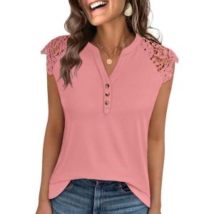 imageANRABESS Womens Tops Dressy Casual Lace Cap Sleeve Henley Shirts Summer Sleeveless Button Down Blouses 2026 Spring OutfitsCoral